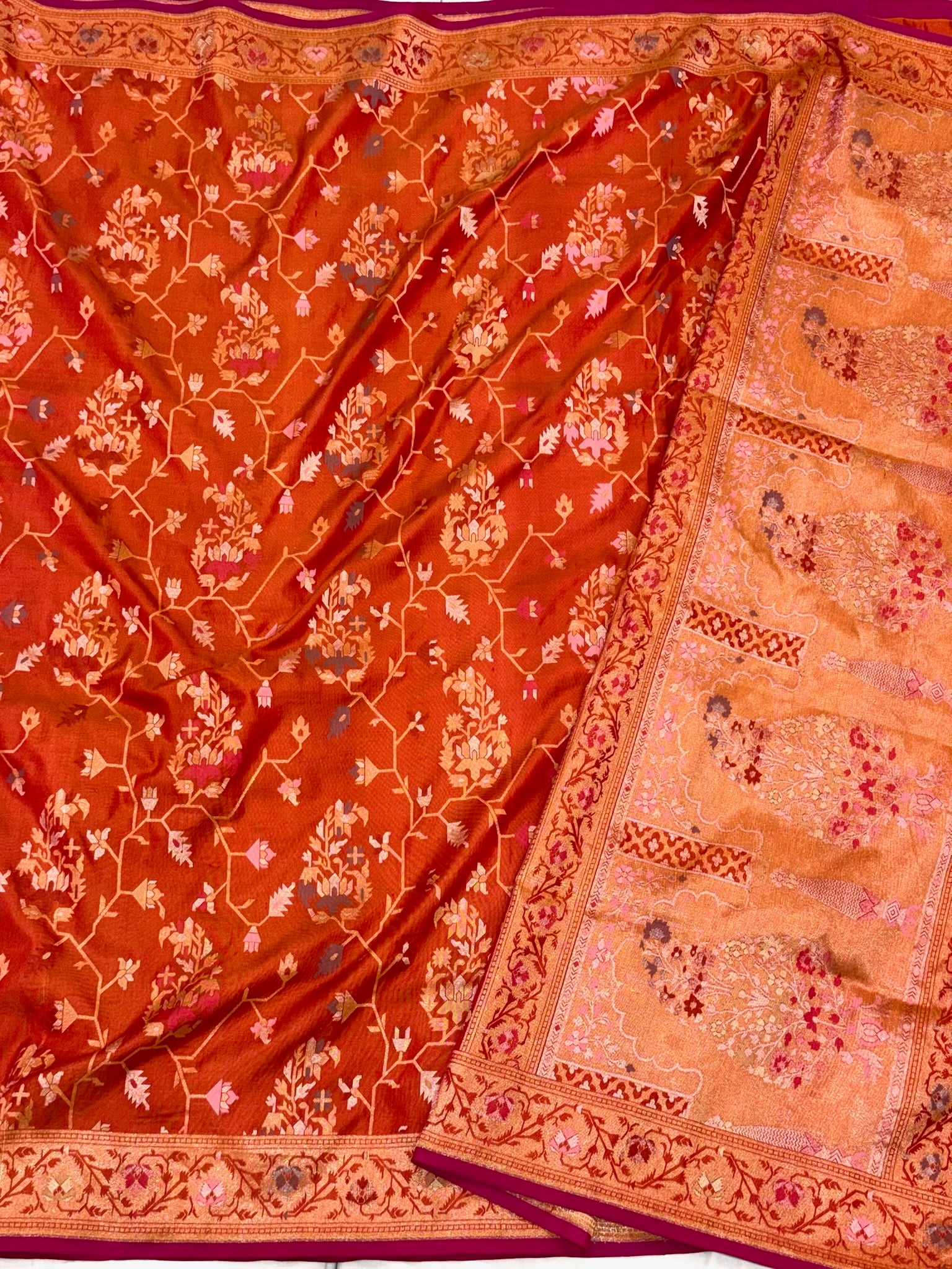Rustic Orange Pure Mulberry Katan Silk Ektara Weave Jamdani Handloom Banarasi Saree