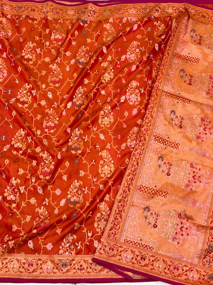 Rustic Orange Pure Mulberry Katan Silk Ektara Weave Jamdani Handloom Banarasi Saree