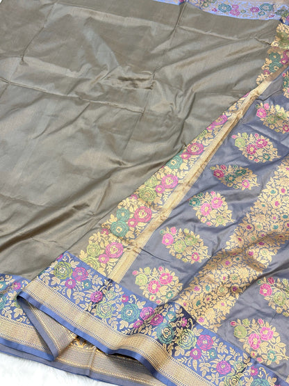 Steel Gray Pure Katan Silk Handwoven Banarasi Saree |Kadhuwa Weave|