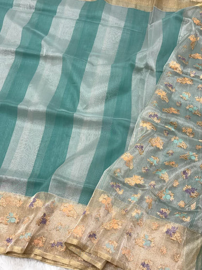 Green Pure Kora Organza Silk Handwoven Banarasi Saree
