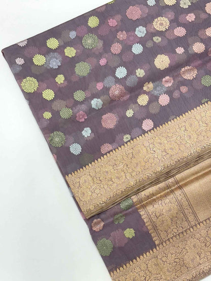 Purple Lavender Pure Kora Silk Handwoven Banarasi Saree