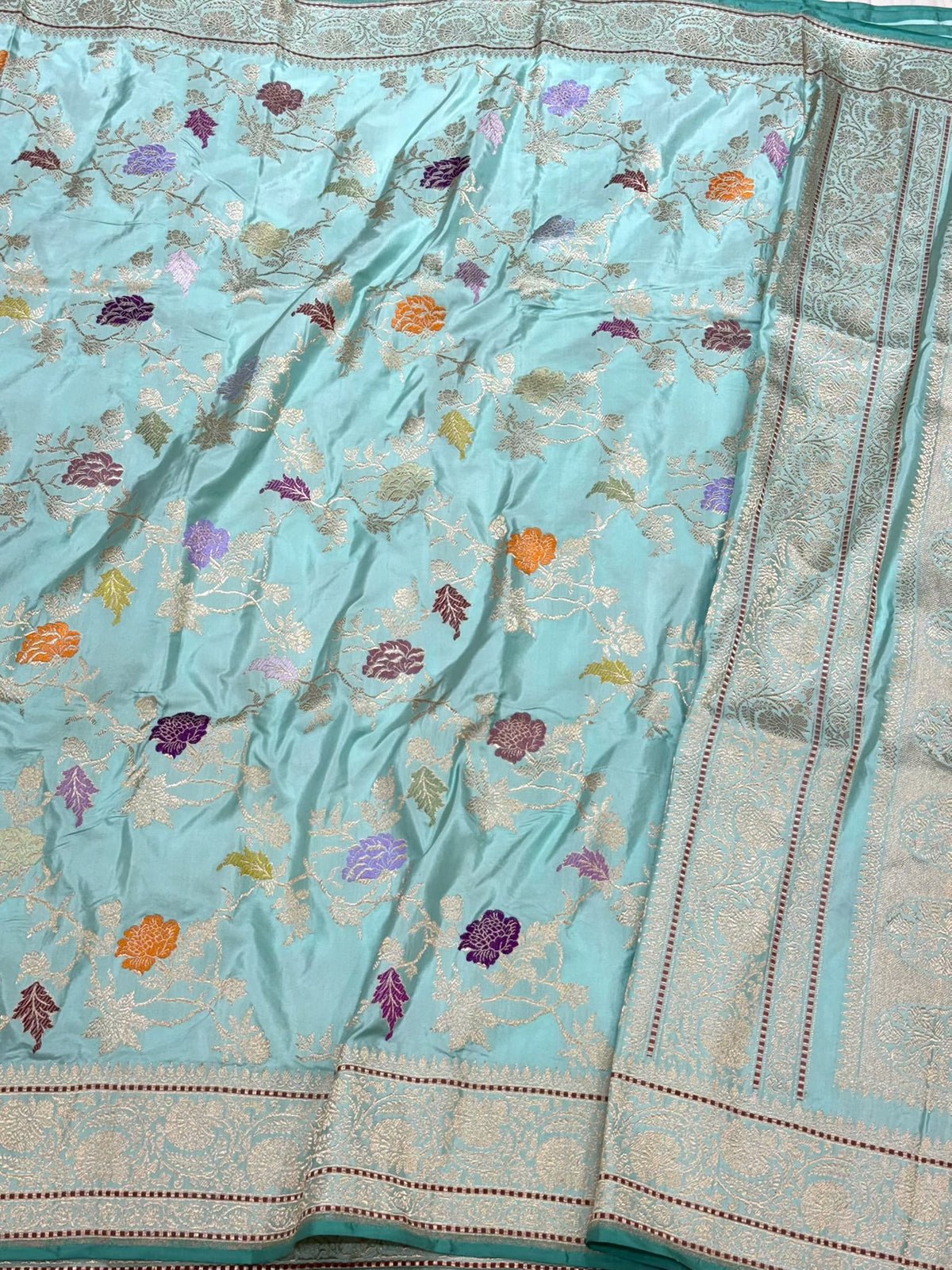 Sky Blue Premium Banarasi Handwoven | Kadhwa Technique | Pure Double Katan Mulberry Silk Saree