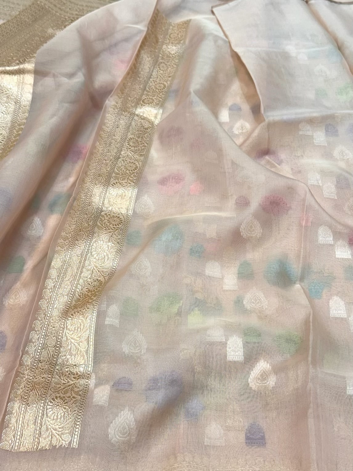 Champagne Pure Kora ( Organza ) Silk | Kadhwa Technique Handwoven Banarasi Saree