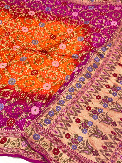Orange Pure Chiffon Khaddi Georgette Handloom Banarasi Saree |Bandhej|
