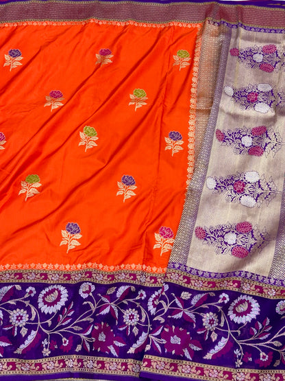 Orange Pure Mulberry Katan Silk Handwoven | Kadhwa + Kadhiyal | Banarasi Saree - Drape In Distinction
