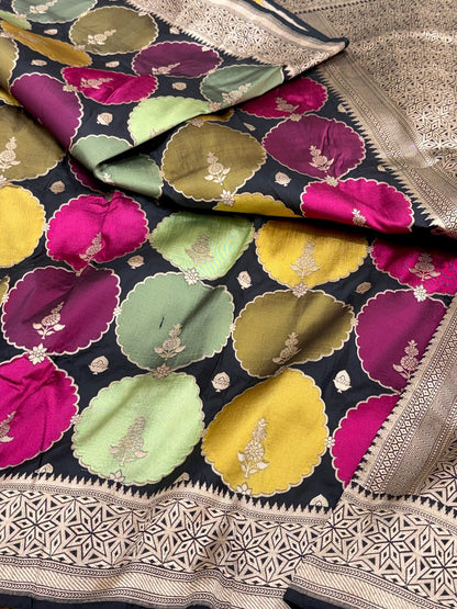 Black Pure Mulberry Katan Silk Handloom Banarasi Rangkaat Saree