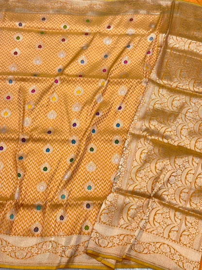 Yellow Orange Pure Katan Silk Saree- Pure Mulberry Silk | Kadhwa + Brocade Weaving Handwoven Banarasi Saree