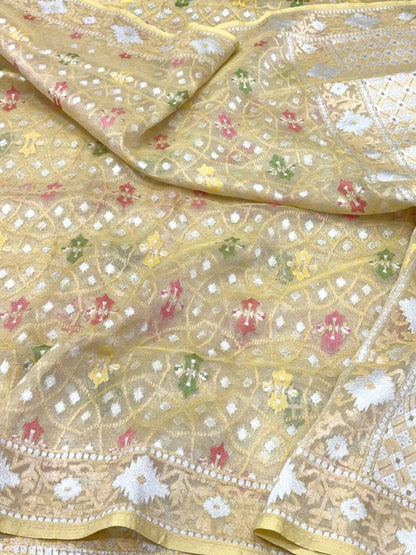 Pastel Yellow Pure Kora Silk & Pure Tissue Silk Jamdani | Ektara Weave | Handloom Banarasi Saree