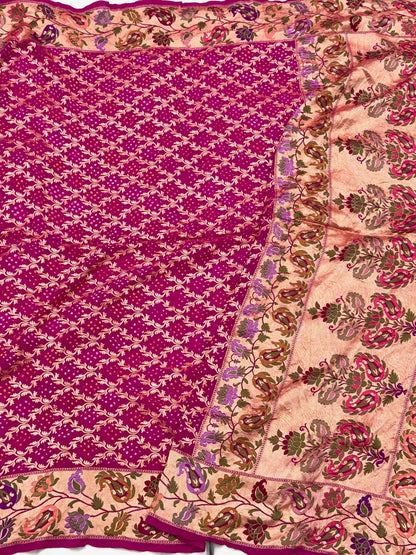 Rani Pink Handloom Banarasi Saree | Pure Chiffon Georgette Soft Drape Lightweight Bandhej Saree