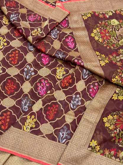 Brown Pure Muslin Cotton Jamdani Handloom Banarasi Saree |Ektara Weave|