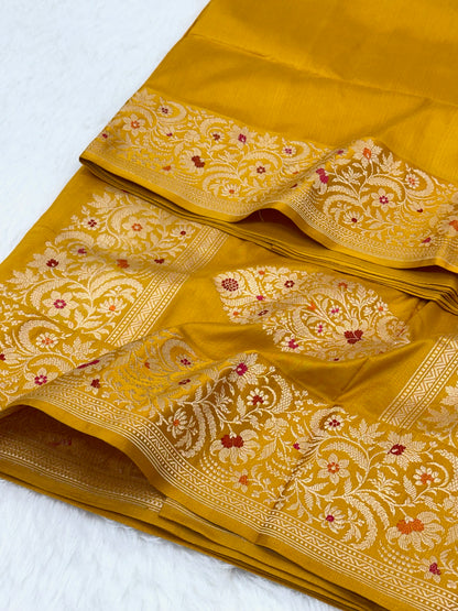 Mustard Yellow Pure Katan Silk Handwoven Banarasi Saree |Kadhuwa Weave|