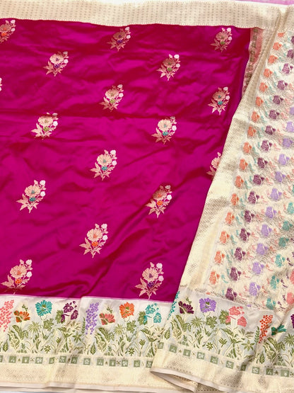 Rani Pink/Ivory Pure Katan Silk Saree | Kadhwa Technique | Pure Mulberry Silk Handwoven Banarasi Saree