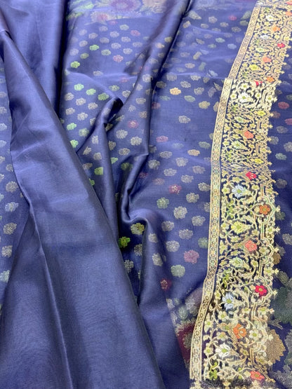 Navy Blue Pure Kora Silk Jamdani | Ektara Technique | Handloom Banarasi Saree - The Banarasi Muse