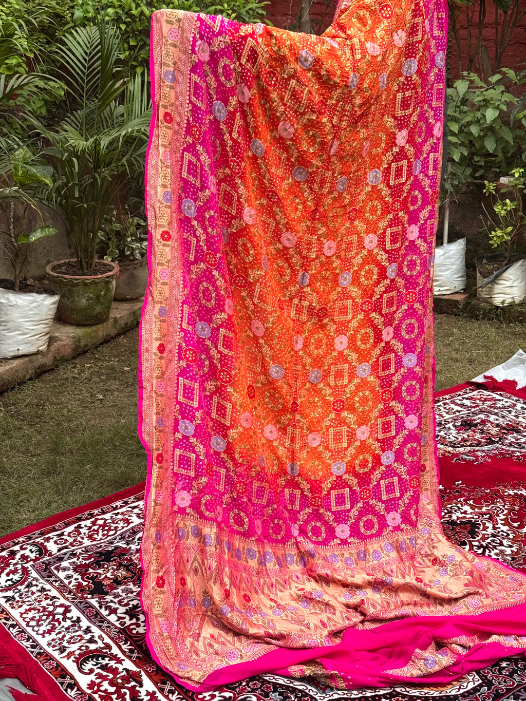 Orange Pure Chiffon Khaddi Georgette Bandhej Handwoven Saree