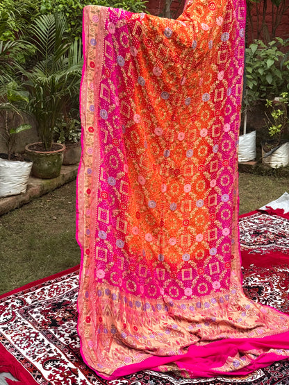 Orange Pure Chiffon Khaddi Georgette Handloom Banarasi Saree |Bandhej|