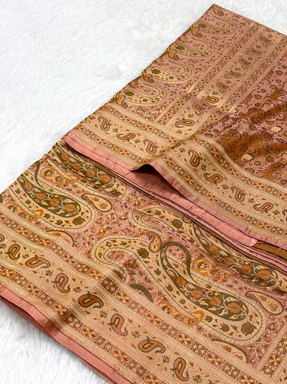 Peach Pink Pure Satin Silk Handwoven Banarasi Saree |Tanchoi|