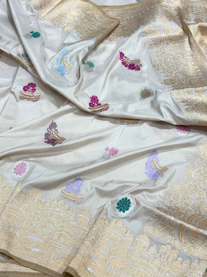 Off White Pure Katan Silk & Mulberry Silk Handwoven | Kadhwa Technique | Traditional Banarasi Saree