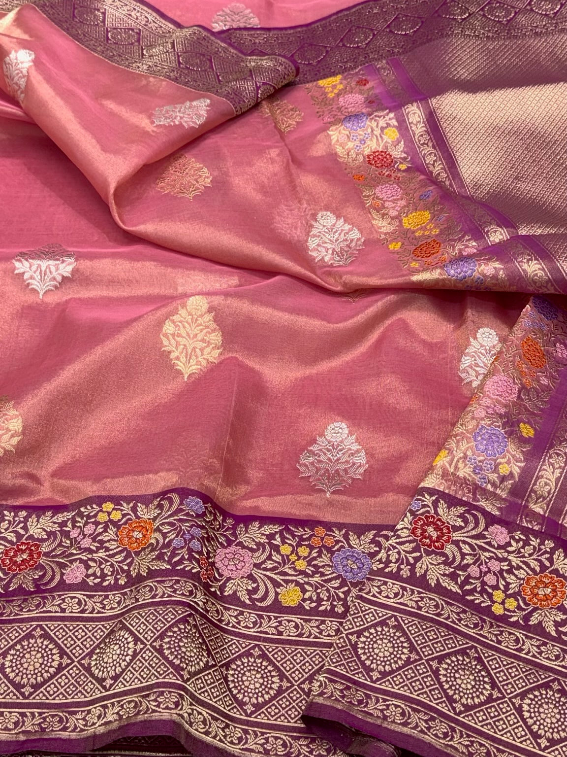 Peach Pink Pure Kora Tissue Silk Handwoven Banarasi Silk Saree | Katan Silk Border & Blouse