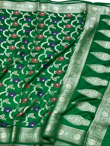 Green Pure Mulberry Chiniya Silk Meenakari  Banarasi Saree- Lightweight