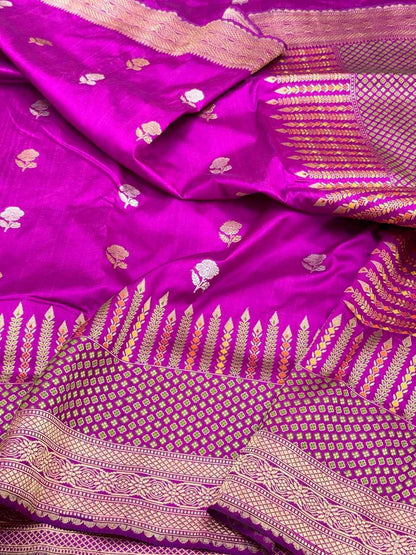 Purple Pure Mulberry Silk & Pure Katan Silk Saree - Handwoven Banarasi Kadhwa Weave Saree
