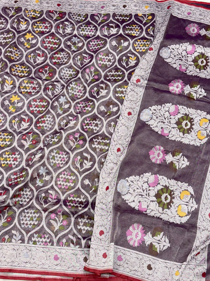 Dark Berry Purple Pure Muslin Cotton & Tissue Silk Jamdani | Ektara Weave | Handloom Banarasi Saree