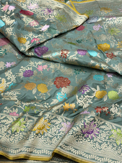 Dusty Sea Green Exclusive Premium Banarasi Luxury Saree | Pure Double Katan Mulberry Silk - Kadhwa Technique ( Handwoven ) Banarasi Saree