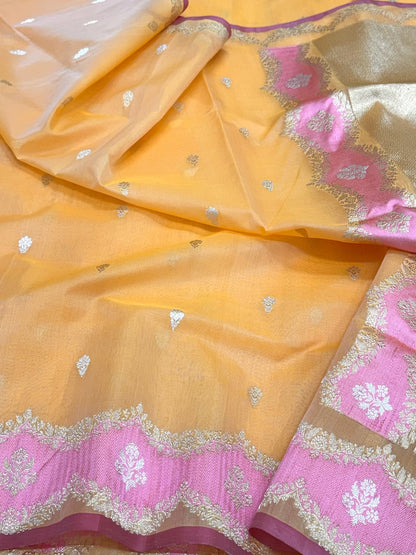 Light Orange Pure Kora Mulberry Silk | Kadhwa Technique | Handwoven Banarasi Saree