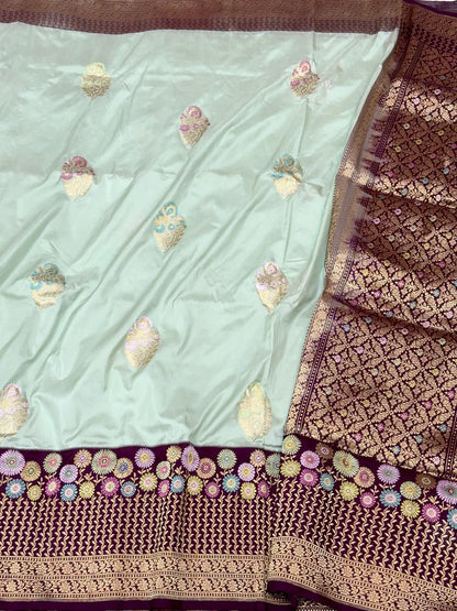 Pastel Sea Green Pure Katan Mulberry Handwoven Banarasi Saree | Kadhwa + Kadhiyal Skirt Border