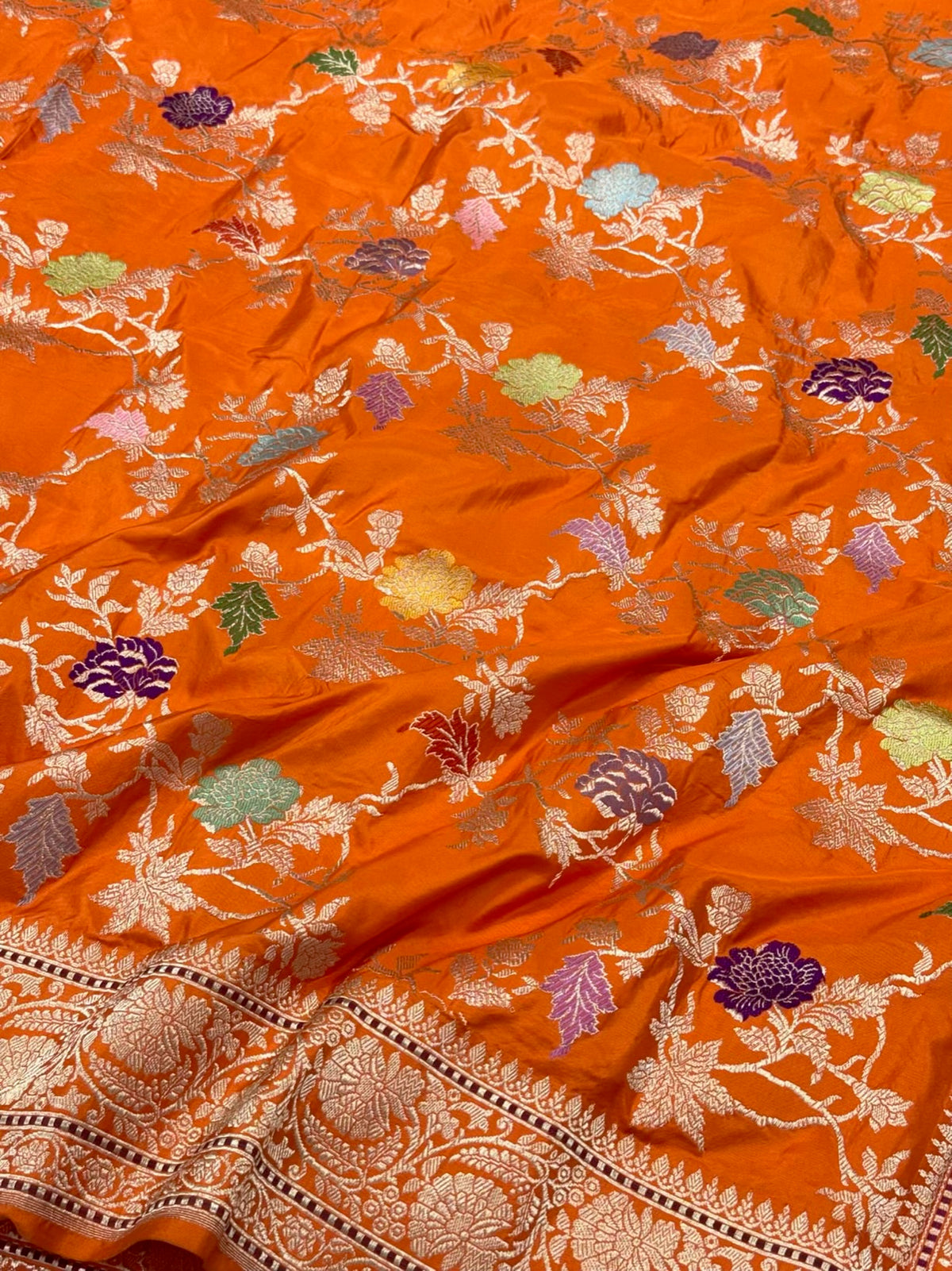 Orange Premium Banarasi Handwoven | Kadhwa Technique | Pure Double Katan Mulberry Silk Saree