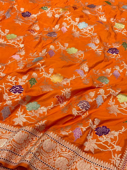 Orange Premium Banarasi Handwoven | Kadhwa Technique | Pure Double Katan Mulberry Silk Saree