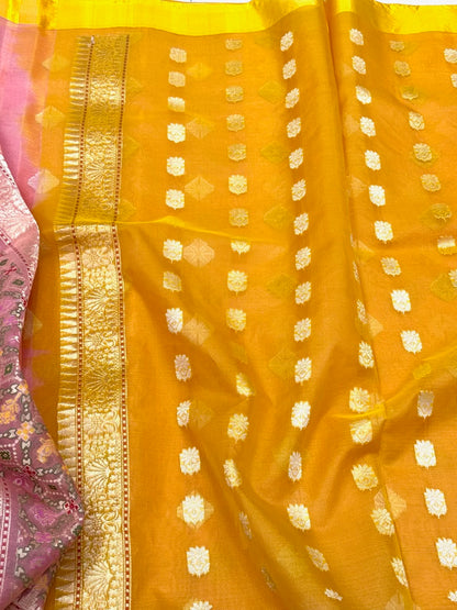 Peach Pink Pure Kora Silk Handwoven Banarasi Saree - Pure Mulberry Silk Patola Border Saree