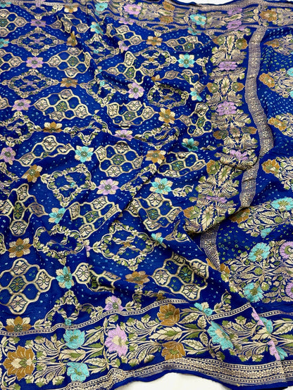 Blue Pure Chiffon Khaddi Georgette Banarasi Bandhej Handwoven Saree
