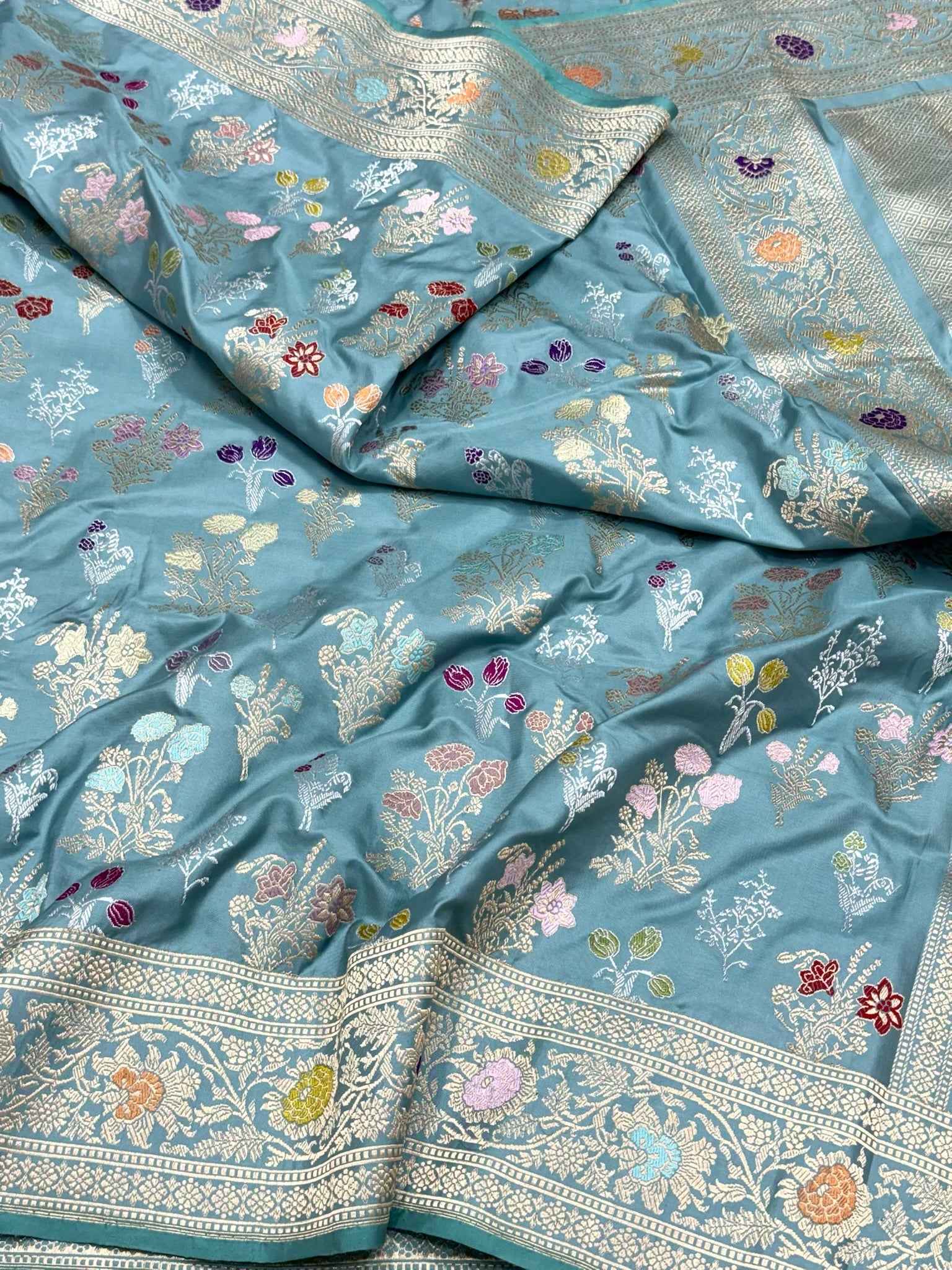 Dusty Teal Green Handwoven Luxury Banarasi Saree - Pure Double Katan Mulberry Silk | Kadhwa Technique | Banarasi Saree