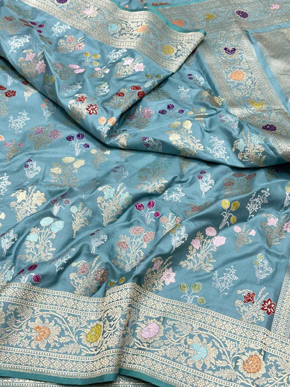 Dusty Teal Green Handwoven Luxury Banarasi Saree - Pure Double Katan Mulberry Silk | Kadhwa Technique | Banarasi Saree