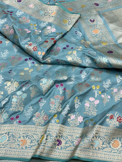 Dusty Teal Green Handwoven Luxury Banarasi Saree - Pure Double Katan Mulberry Silk | Kadhwa Technique | Banarasi Saree
