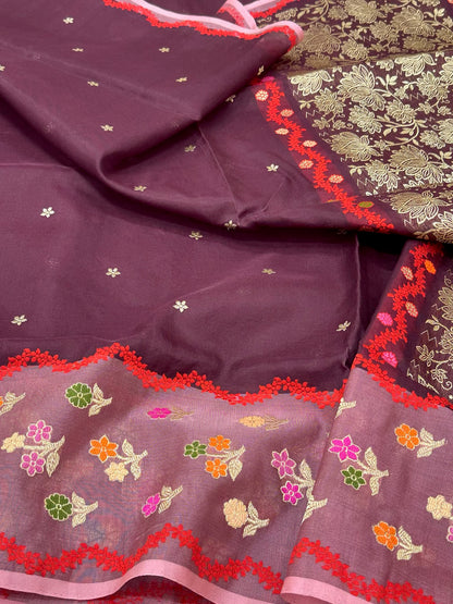 Wine Pure Mulberry Double Kora Organza Silk Handwoven Banarasi Saree | Kadhwa Ektara Weave Banarasi Saree - Luxury Drape