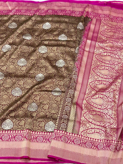 Brown Banarasi Handwoven Brocade Saree | Pure Katan Mulberry Silk Banarasi Saree - Kadhwa Weave