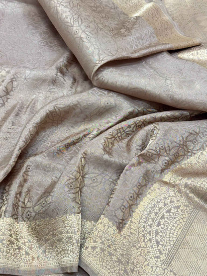 Beige Pure Double Katan Tissue Silk Handwoven Banarasi Silk Saree - Kadhwa Weave Tanchoi