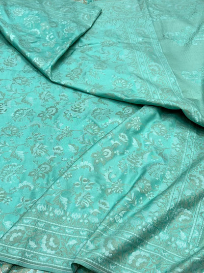 Aqua Green Pure Mulberry Katan Silk Jamdani Handwoven Banarasi Saree |Ektara Weave|