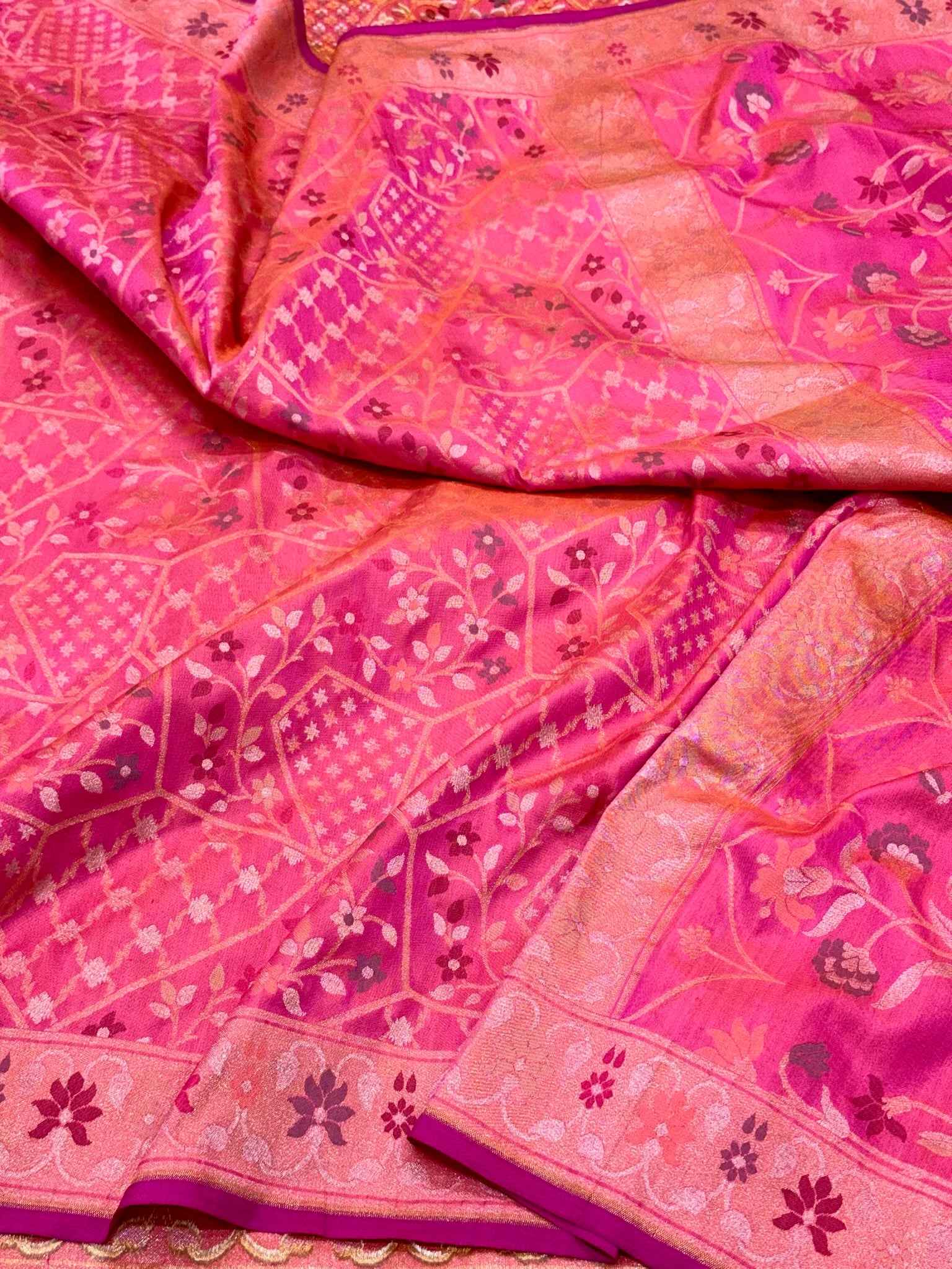 Pink Pure Mulberry Silk & Pure Katan Silk Saree - Handloom Ektara Jamdani Comtemporary Banarasi Silk Saree