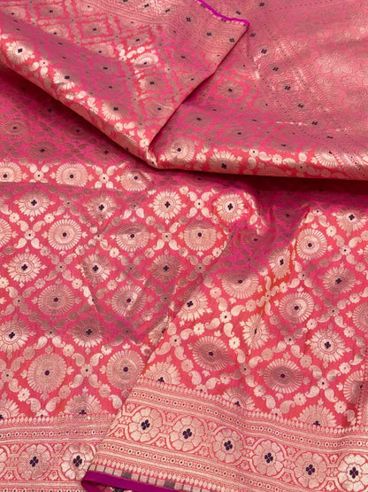 Peach Pure Katan & Mulberry Silk Authentic Handloom Banarasi Saree