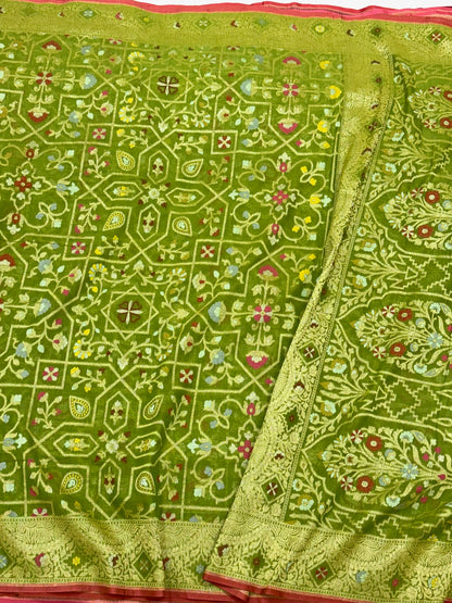 Green Pure Muslin Cotton Saree |Ektara Jamdani Handloom Banarasi Saree