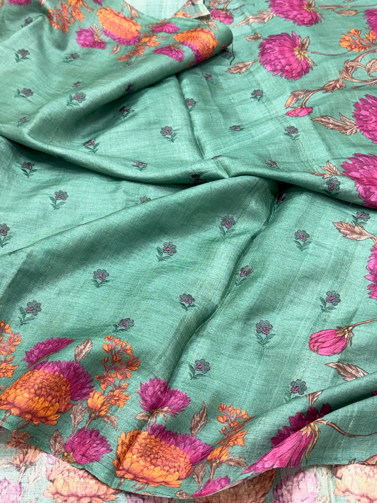 Sea Green Pure Tussar Silk Handloom Printed with Embroidery Banarasi Saree - Soft Lightweight Banarasi Saree