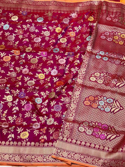 Raspberry Pink Pure Katan Silk & Pure Mulberry Silk Kadhwa Authentic Premium Banarasi Saree