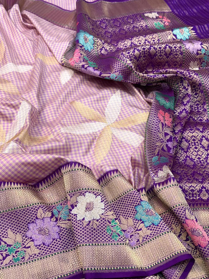 Purple Pure Katan Silk Ektara Saree - Pure Mulberry Silk | Kadhwa Weaving Modern Contemporary Banarasi Silk Saree