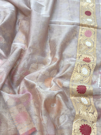 Ash Gray Pure Mulberry Kora Silk | Ektara Technique | Jamdani Handloom Contemporary Banarasi Modern Saree