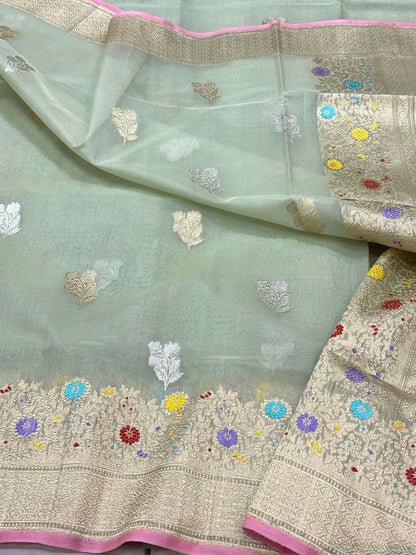 Sage Green Authentic Banarasi Saree - Pure Kora Mulberry Silk | Kadhwa Technique | Handwoven Banarasi Saree