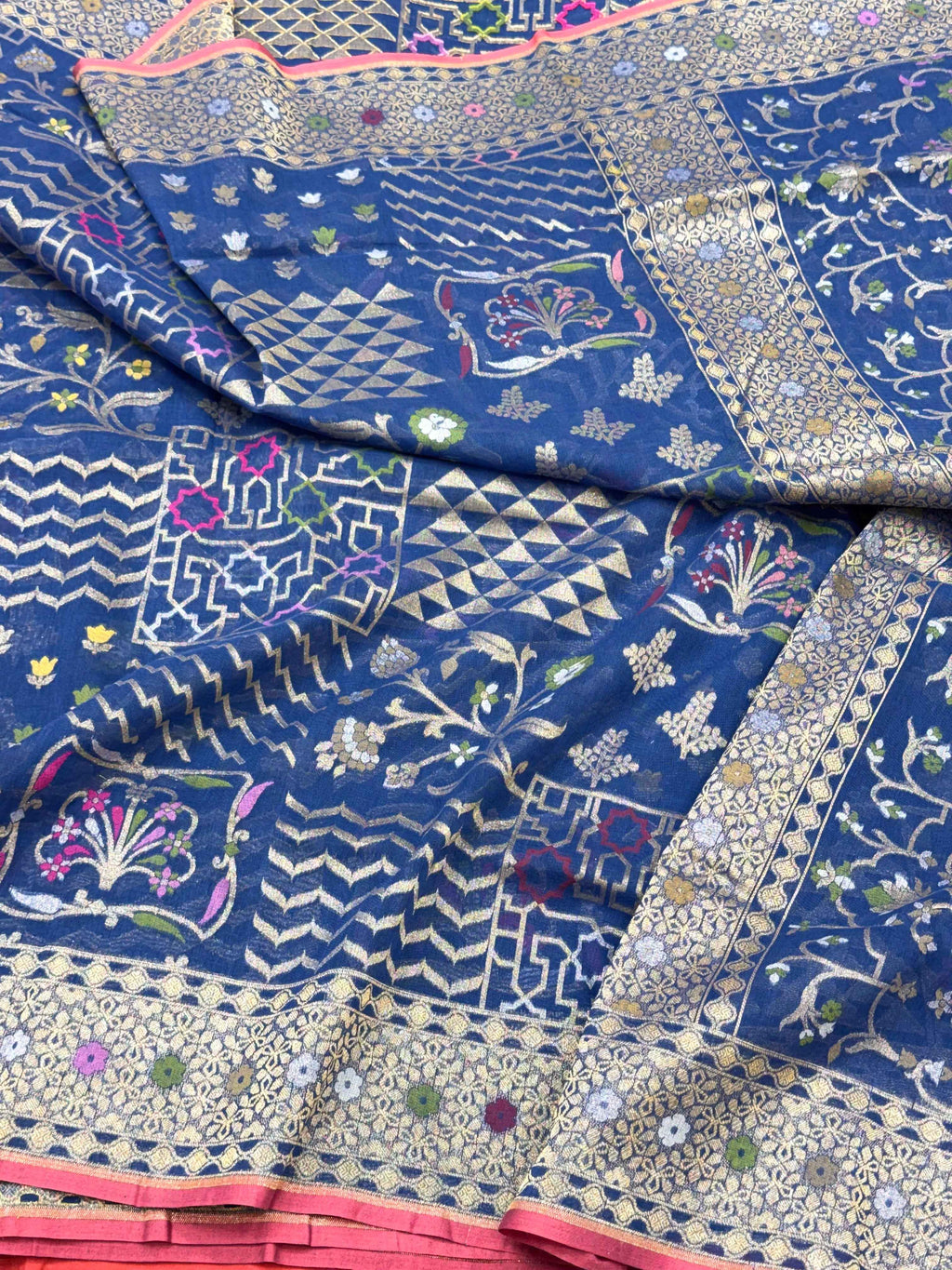 Blue Handloom Banarasi Saree With Ektara Weave - Pure Muslin Cotton Jamdani Saree