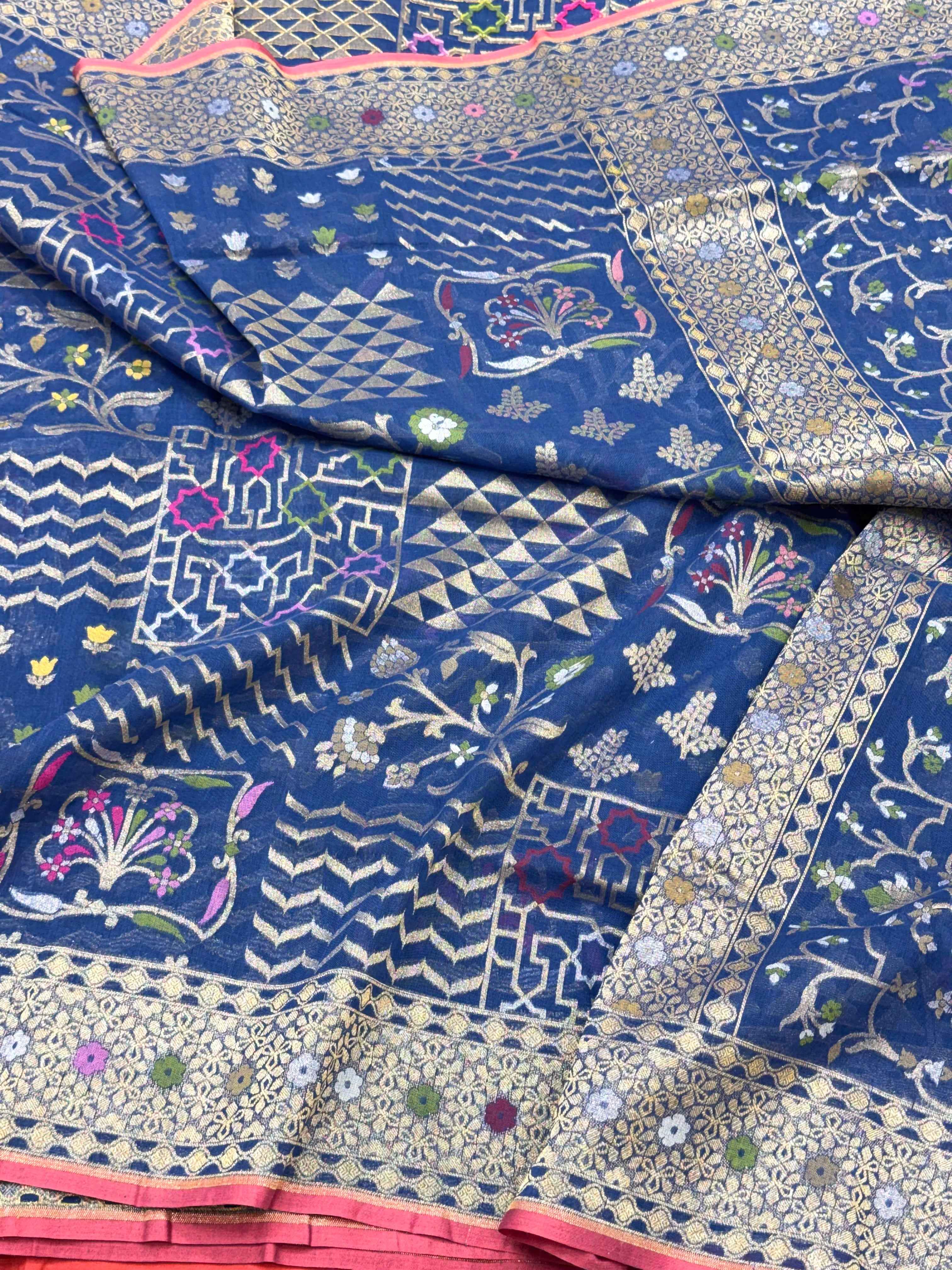 Blue Handloom Banarasi Saree With Ektara Weave - Pure Muslin Cotton Jamdani Saree