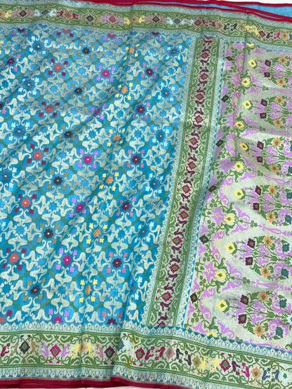 Sky Blue Pure Kora Mulberry Silk Jamdani | Ektara Technique | Handloom Modern Lightweight Banarasi Saree
